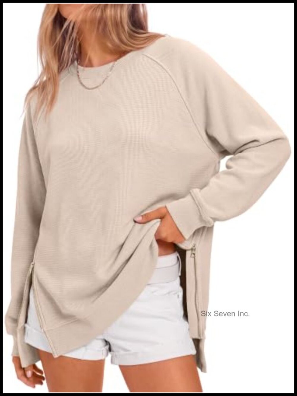 Oversized Crewneck Tunic Sweatshirt Side Zip Long Sleeve Casual Pullover
